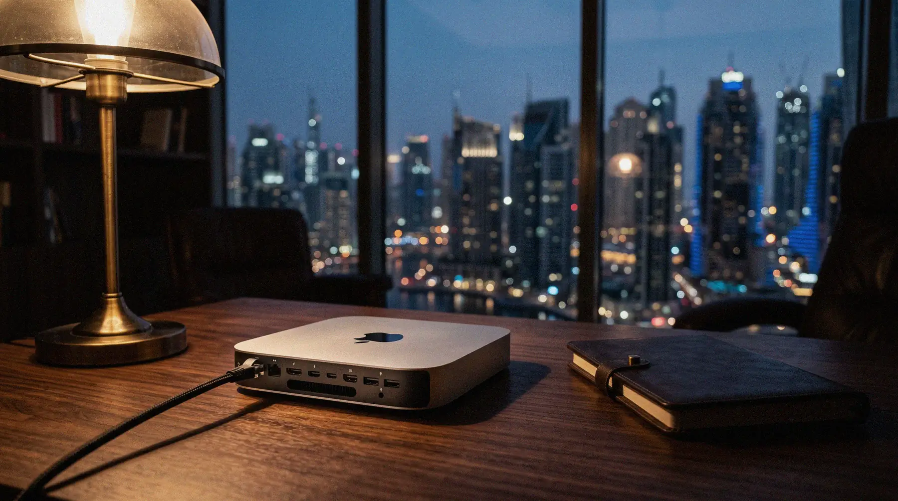 Die KINEA Maschine, ein eingerichteter Mac Mini vor der Dubai Skyline